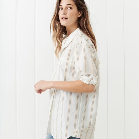 Jenni Kayne Boyfriend Khaki and White Double Striped Button Up Shirt - XL - Picture 11 of 13